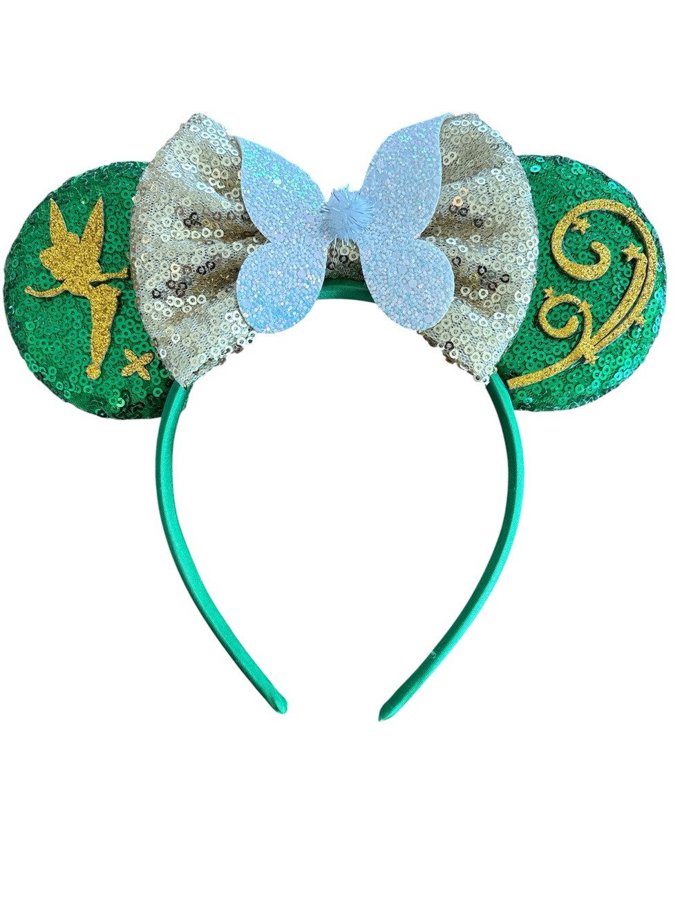 Tinker Bell-Inspired Green Sequin Minnie Ears with Gold Bow